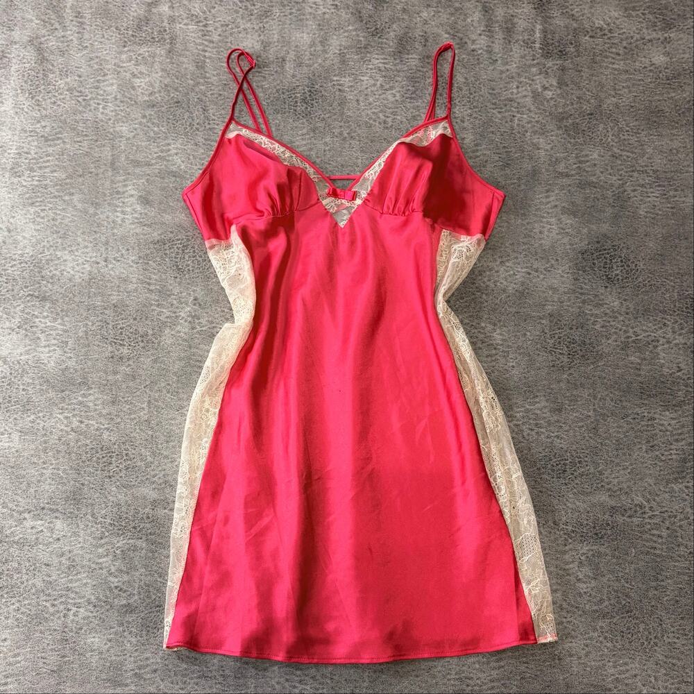 Victorias Secret Hot Pink Satin Lace Slip Mini Dress